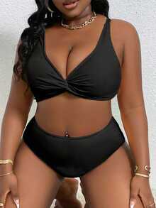 Slaydiva 2pcs/Set Women Plus Size Solid Color Adjustable Strap Tankini Swimwear Set, Fashionable Casual Holiday Beach Style - Black - View 5