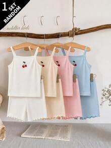SHEIN (1組隨機) 少女小女孩內衣背心與短褲套裝 刺繡櫻桃 舒適紋理布料 - 彩色 - 查看 6