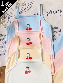 SHEIN (1組隨機) 少女小女孩內衣背心與短褲套裝 刺繡櫻桃 舒適紋理布料 - 彩色 - 查看 3
