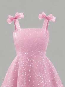 SHEIN Tween Girls Ruched Girls' Elegant Bowknot Decor A-Line Flounce Mesh Slip Mini Dress Evening Party And Gathering, Graduation, Outfit - Pink - View 6