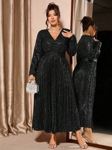 Allurite Luxury Glitter Pleated V-Neck Plus Size Evening Dress, Autumn/Winter Fall Wedding Formal Black Elegant Celestial Sexy Glam Party Halloween - Black - View 5