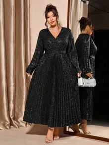 Allurite Luxury Glitter Pleated V-Neck Plus Size Evening Dress, Autumn/Winter Fall Wedding Formal Black Elegant Celestial Sexy Glam Party Halloween - Black - View 6