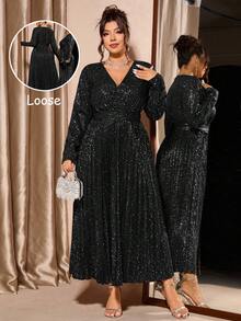 Allurite Luxury Glitter Pleated V-Neck Plus Size Evening Dress, Autumn/Winter Fall Wedding Formal Black Elegant Celestial Sexy Glam Party Halloween - Black - View 1