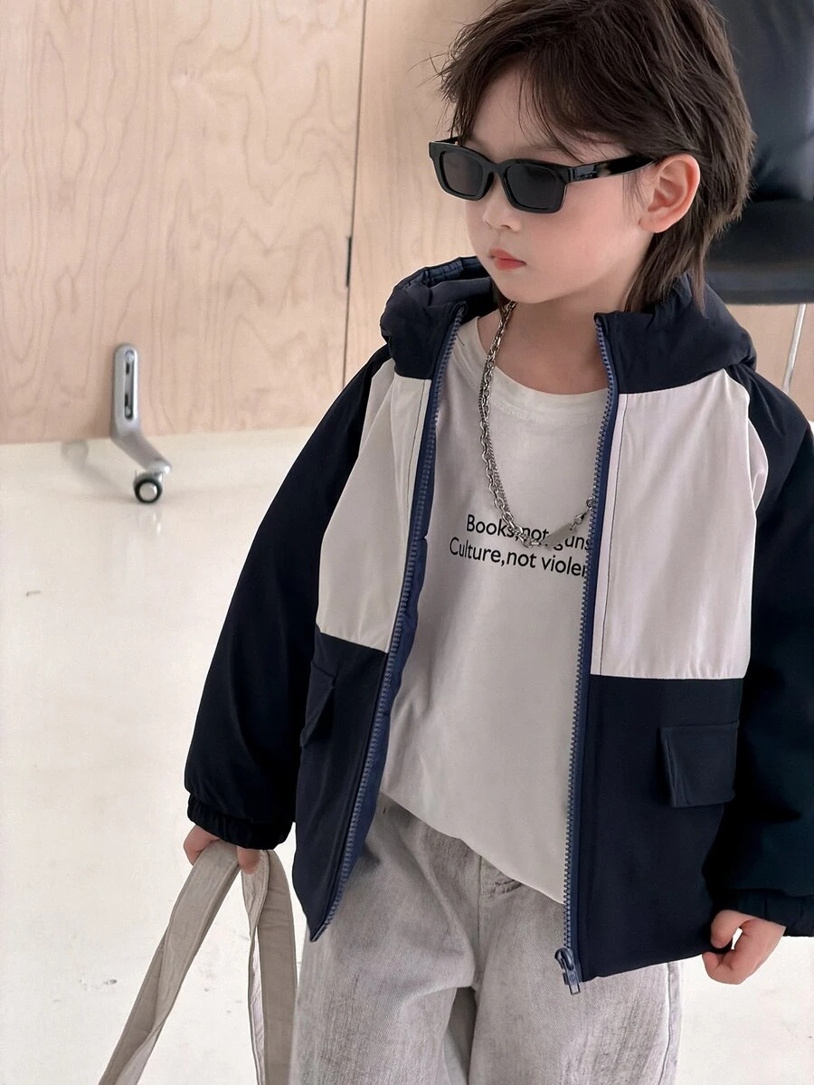 Dazy Kids Jaket Musim Dingin Anak Laki-Laki dengan Lengan Raglan dan Resleting, Dilengkapi Tudung, dan Desain Blok Warna. - Navy Blue - View 1