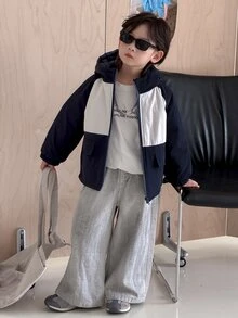 Dazy Kids Jaket Musim Dingin Anak Laki-Laki dengan Lengan Raglan dan Resleting, Dilengkapi Tudung, dan Desain Blok Warna. - Navy Blue - View 4