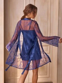 Charlaine Women's Lace Long Sleeve Belted Robe And Cami Nightgown Pajama Set, Fall Winter Clothes - Blue - View 2