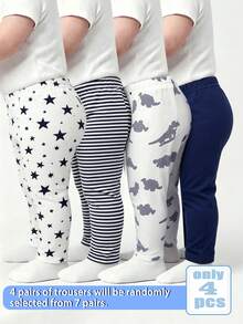 SHEIN Playful Pals 4pcs Random Unisex Baby Striped Blue Green White Gray Solid Color Dinosaur Pattern Print Long Pants Multi-Piece Set Daily Wear Discount Pack - Multicolor - View 5