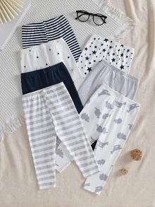 SHEIN Playful Pals 4pcs Random Unisex Baby Striped Blue Green White Gray Solid Color Dinosaur Pattern Print Long Pants Multi-Piece Set Daily Wear Discount Pack - Multicolor - View 3