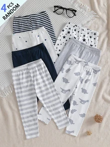 SHEIN Playful Pals 4pcs Random Unisex Baby Striped Blue Green White Gray Solid Color Dinosaur Pattern Print Long Pants Multi-Piece Set Daily Wear Discount Pack - Multicolor - View 4