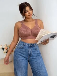 Firerie Plus Size Lace Patchwork Wireless Bralette 1 Piece Casual Daily At Home Sleepwear Bra For Women Elegant Lace Bra For Women Everyday - Rust Brown - View 4