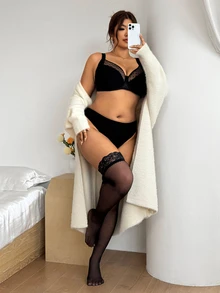 Firerie New Arrived Plus Size Women Contrast Lace Sexy Lingerie Set (1 Pair Stockings) Elegant Sexy Stocking For Women Elegant Valentines Day Stocking Women - Black - View 6