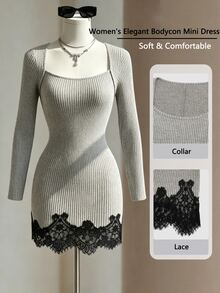 Fine & Folde Soft Khaki Ribbed Fuzzy Square Neck Long Sleeve Side Ruched Waist Black Lace Patchwork Fitted Bodycon Dress For Women - Multicolor - View 1