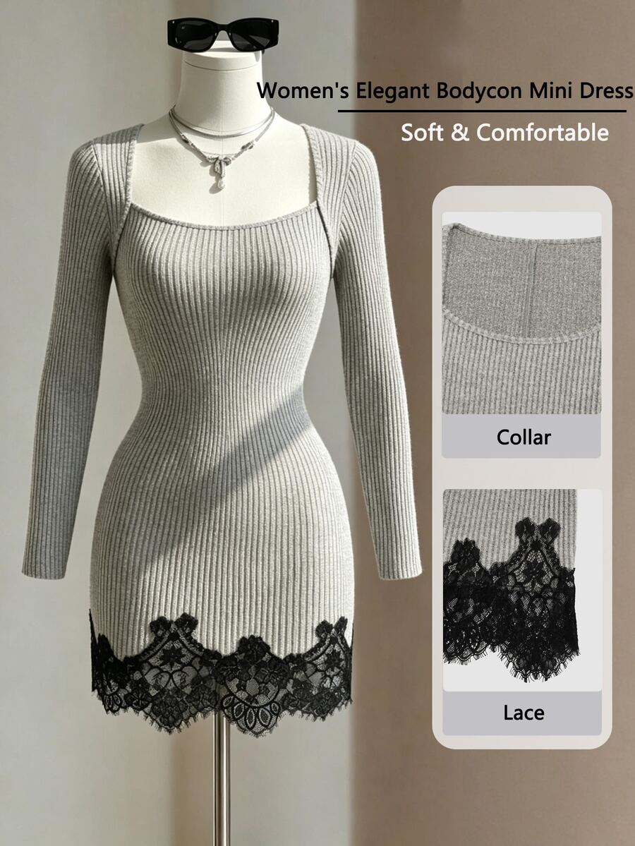 Fine & Folde Soft Khaki Ribbed Fuzzy Square Neck Long Sleeve Side Ruched Waist Black Lace Patchwork Fitted Bodycon Dress For Women - Multicolor - View 1
