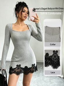 Fine & Folde Soft Khaki Ribbed Fuzzy Square Neck Long Sleeve Side Ruched Waist Black Lace Patchwork Fitted Bodycon Dress For Women - Multicolor - View 2