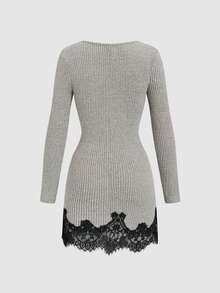 Fine & Folde Soft Khaki Ribbed Fuzzy Square Neck Long Sleeve Side Ruched Waist Black Lace Patchwork Fitted Bodycon Dress For Women - Multicolor - View 6