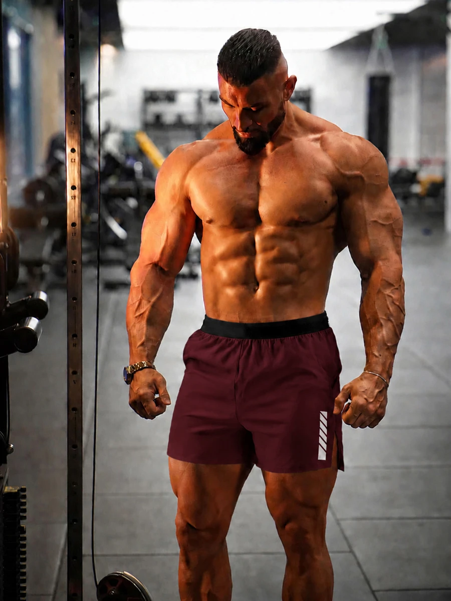 Gym Rark Men's Casual Contrast Color Print Side Slit Sports Biker Shorts Running Shorts, Gym - Burgundy - View 1
