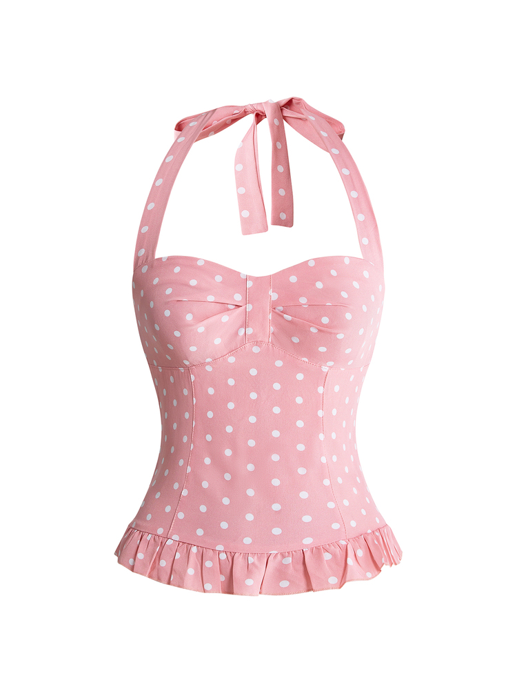 ROMWE Avant Women's Romantic Vacation Style Polka Dot & Plaid Backless Halter Neck Camisole Set - Pink - View 10