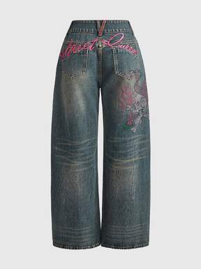 ROMWE Avant Jeans in denim da donna con teschio ricamato con lettere e strass