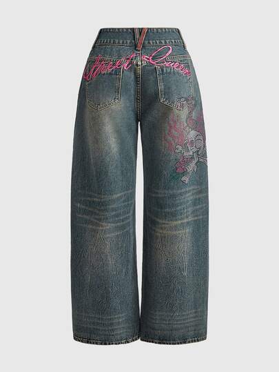 ROMWE Avant Jeans de mezclilla para mujer con bordado de letras, calavera y pedrería