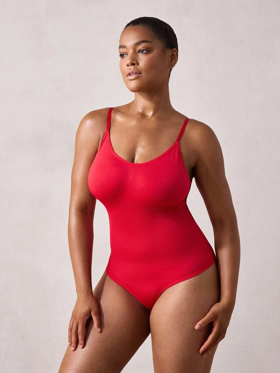 Veilyse 1pc Women Plus Size Seamless Tummy Control Butt Lifter Bodysuit Thong Shapewear Summer - Red - View 1