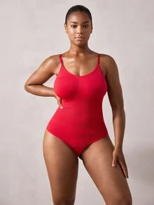 Veilyse 1pc Women Plus Size Seamless Tummy Control Butt Lifter Bodysuit Thong Shapewear Summer - Red - View 3