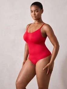 Veilyse 1pc Women Plus Size Seamless Tummy Control Butt Lifter Bodysuit Thong Shapewear Summer - Red - View 6