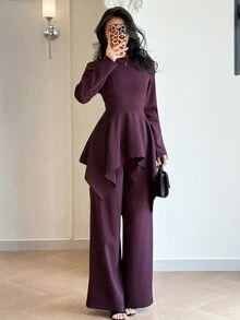 Modelyn Women's Solid Color Long Sleeve Top And Pants Casual Daily 2 Pieces Set - Rust Brown - View 1