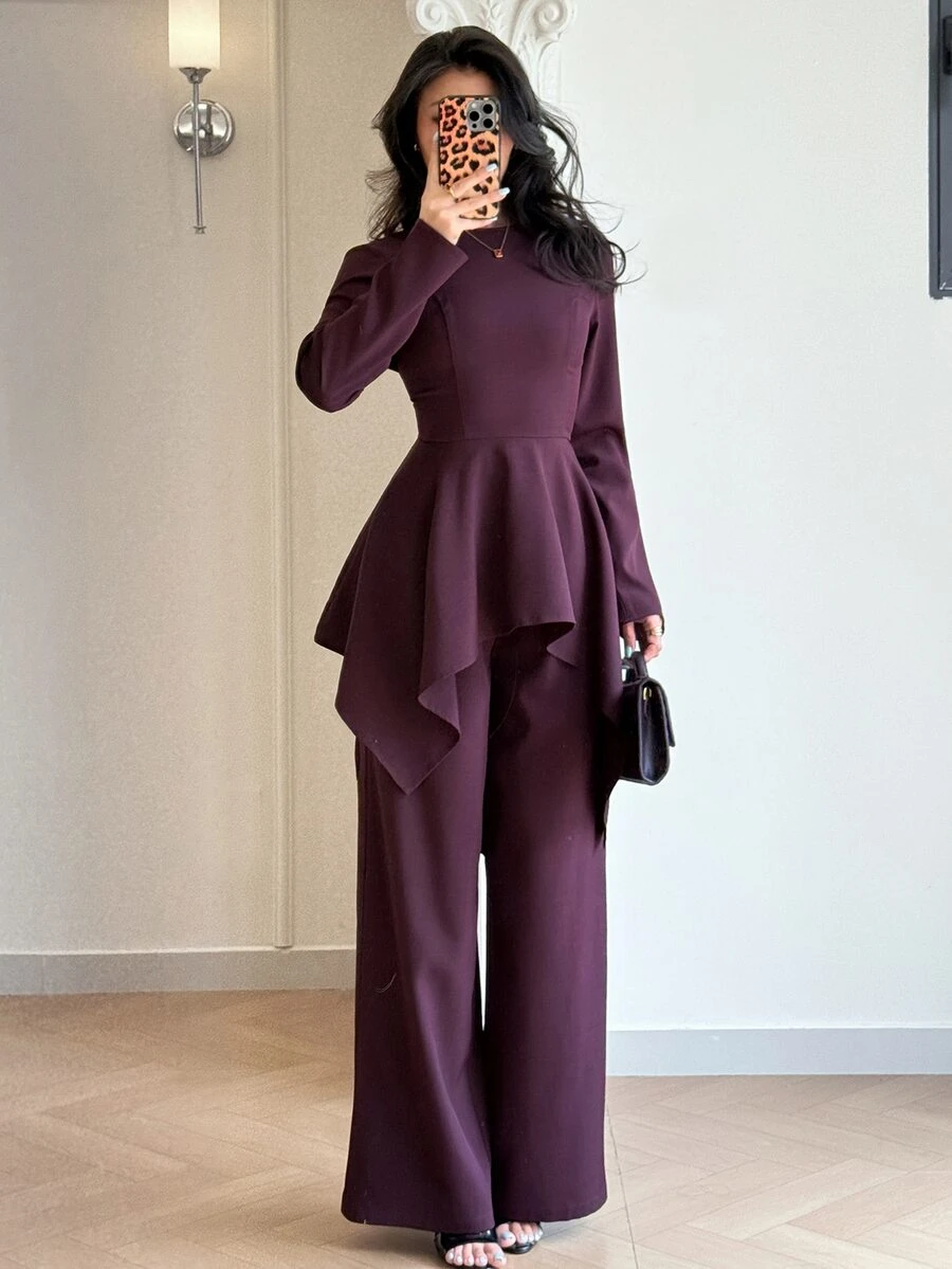Modelyn Women's Solid Color Long Sleeve Top And Pants Casual Daily 2 Pieces Set - Rust Brown - View 1