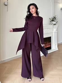 Modelyn Women's Solid Color Long Sleeve Top And Pants Casual Daily 2 Pieces Set - Rust Brown - View 3