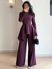 Modelyn Women's Solid Color Long Sleeve Top And Pants Casual Daily 2 Pieces Set - Rust Brown - View 4