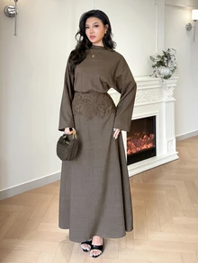 Veilorie 女款優雅蕾絲拼接洋裝 - 橄欖綠 - 查看 4