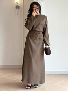 Veilorie 女款優雅蕾絲拼接洋裝 - 橄欖綠 - 查看 5