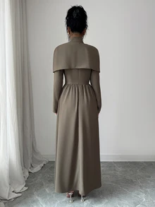 Modelyn Solid Button Front Flare Hem Dress With Cape - Brown - View 2