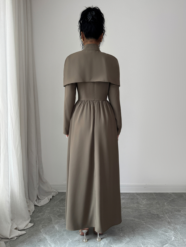 Modelyn Solid Button Front Flare Hem Dress With Cape - Brown - View 2