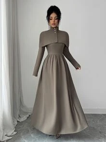 Modelyn Solid Button Front Flare Hem Dress With Cape - Brown - View 3