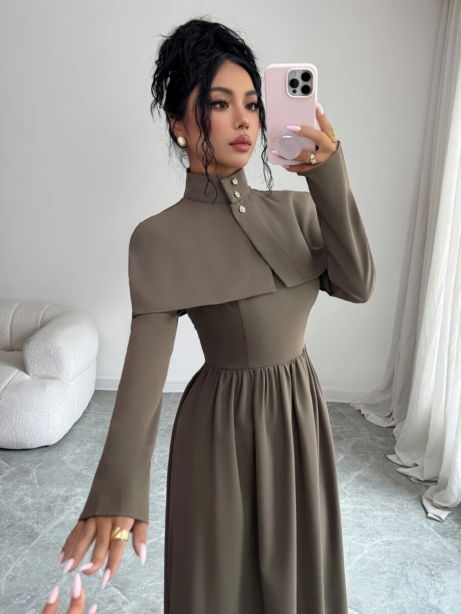 Modelyn Solid Button Front Flare Hem Dress With Cape - Brown - View 1