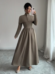 Modelyn Solid Button Front Flare Hem Dress With Cape - Brown - View 4