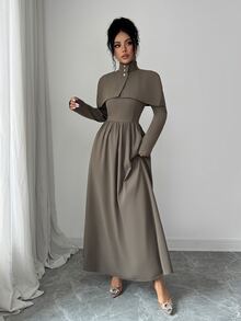 Modelyn Solid Button Front Flare Hem Dress With Cape - Brown - View 5