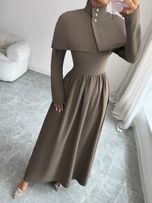 Modelyn Solid Button Front Flare Hem Dress With Cape - Brown - View 6