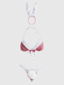 ROMWE Kawaii Set Cosplay Kelinci Pink Berbulu Halus, Bikini Halter Berbulu Halus 3 Potong, Cocok untuk Pasangan Intim - Berwarna merah muda - View 2