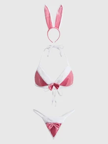ROMWE Kawaii Set Cosplay Kelinci Pink Berbulu Halus, Bikini Halter Berbulu Halus 3 Potong, Cocok untuk Pasangan Intim - Berwarna merah muda - View 1