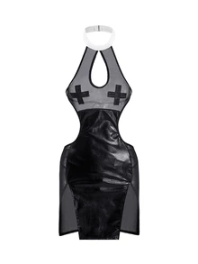 ROMWE Goth Christmas Valentine's Day Gift Lingerie Set, Women's Sexy Sheer Mesh Cross Halter Backless Teddy With Robe Costume - Black - View 2