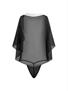 ROMWE Goth Christmas Valentine's Day Gift Lingerie Set, Women's Sexy Sheer Mesh Cross Halter Backless Teddy With Robe Costume - Black - View 7