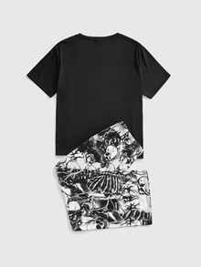 ROMWE 2pcs Plus Size Women Pajama Set - Halloween Ghost Gothic Skull Print, Short Sleeve Top And Comfortable Long Pants, Soft Polyester Blend Loungewear, Suitable For Spring, Summer, Autumn - Black - View 2