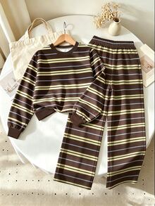 SHEIN 青少年女孩 1 套秋季條紋圖案運動衫與寬腿褲套裝，舒適休閒日常穿搭 - 彩色 - 查看 4