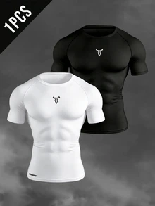 Gym Rark Men's Gym Compression Shirt,Black And White Summer Athleisure Raglan Short Sleeve Crew Neck Workout Tops,Breathable Fitted Casual Sports Shirt - White - View 1