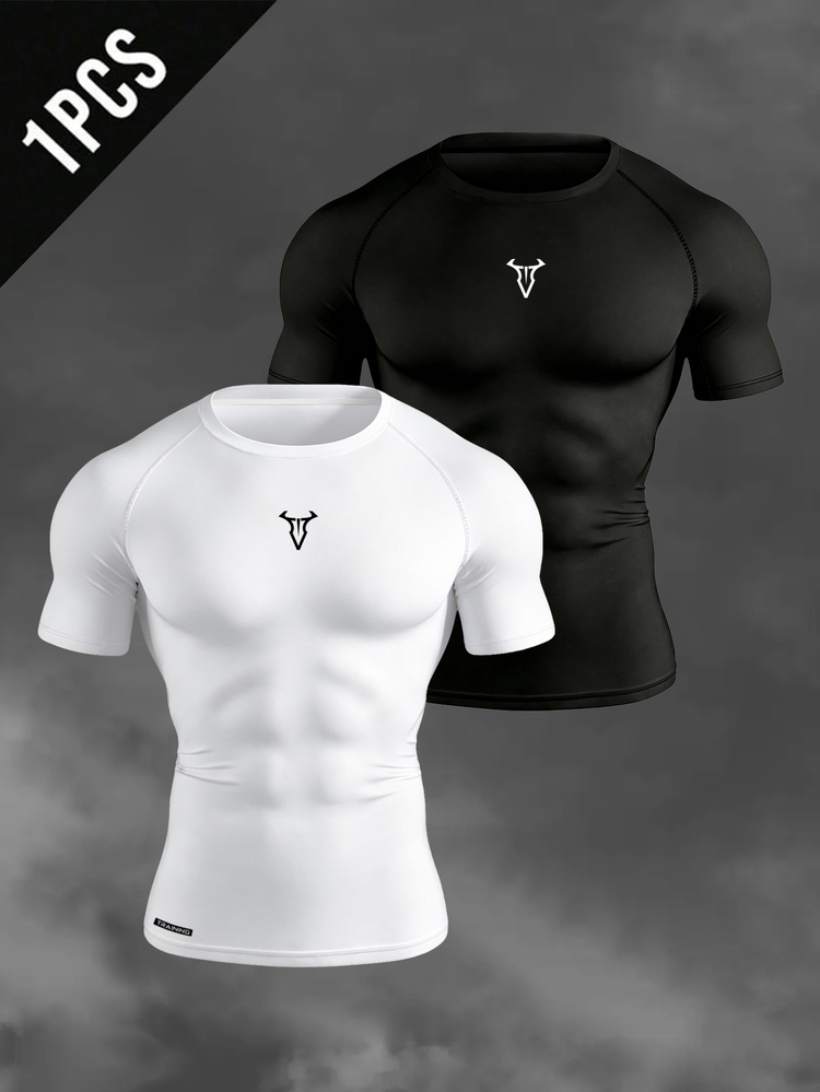 Gym Rark Men's Gym Compression Shirt,Black And White Summer Athleisure Raglan Short Sleeve Crew Neck Workout Tops,Breathable Fitted Casual Sports Shirt - White - View 1