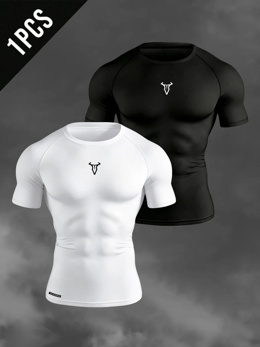 Gym Rark Men's Gym Compression Shirt,Black And White Summer Athleisure Raglan Short Sleeve Crew Neck Workout Tops,Breathable Fitted Casual Sports Shirt - White - View 1