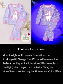女童 2 件式修身居家服套裝，獨角獸發光印花長袖睡衣，嬰兒紫秋季仙女之夜螢光貼布繡生日款 - 紫色 - 查看 8