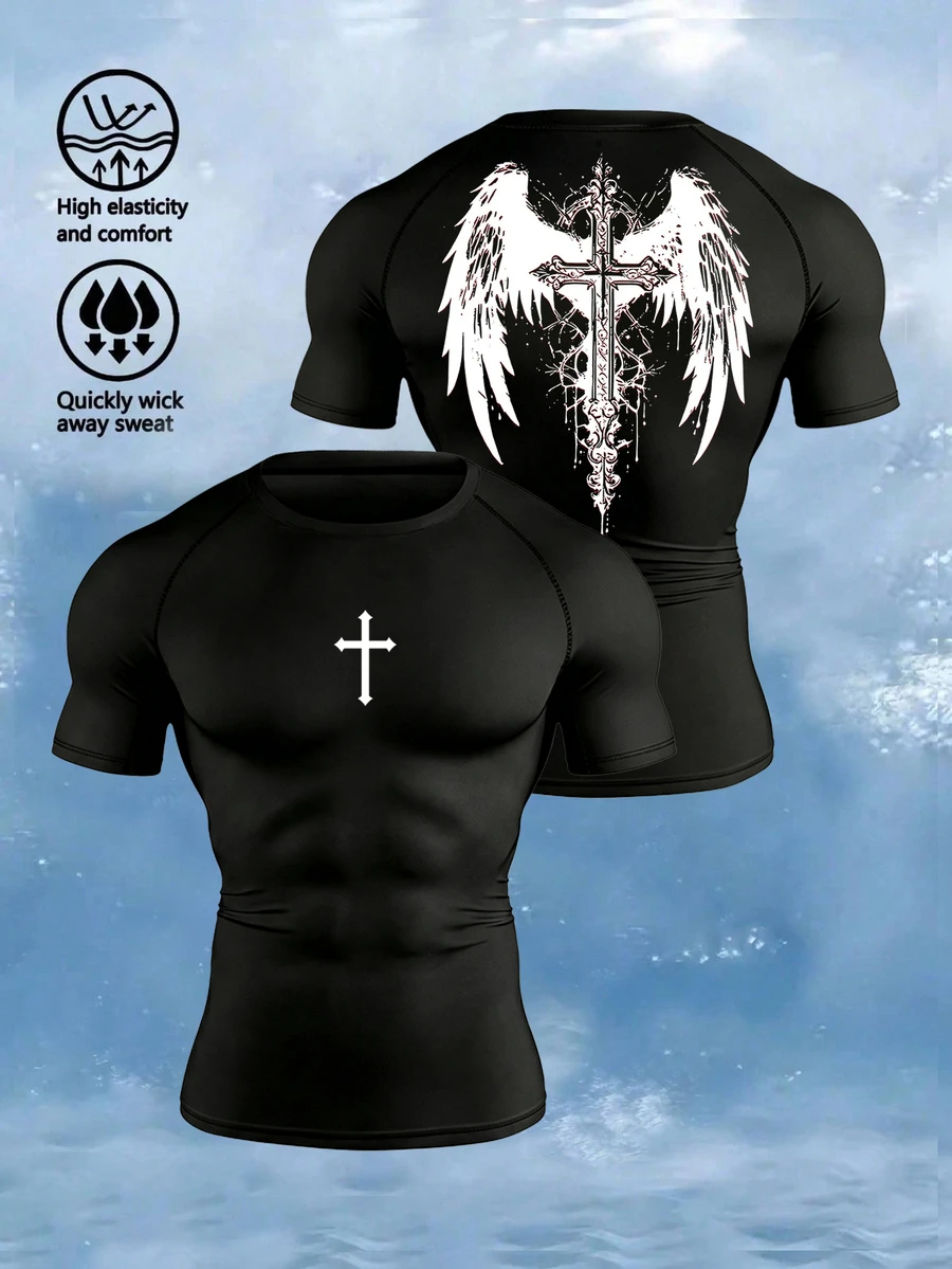 Gym Rark Men's Wing & Cross Print Compression Tight Fit Short Sleeve Sports T-Shirt,Black Summer Athleisure Gym Workout Tops,Breathable Lightweight Crew Neck - Black - View 1